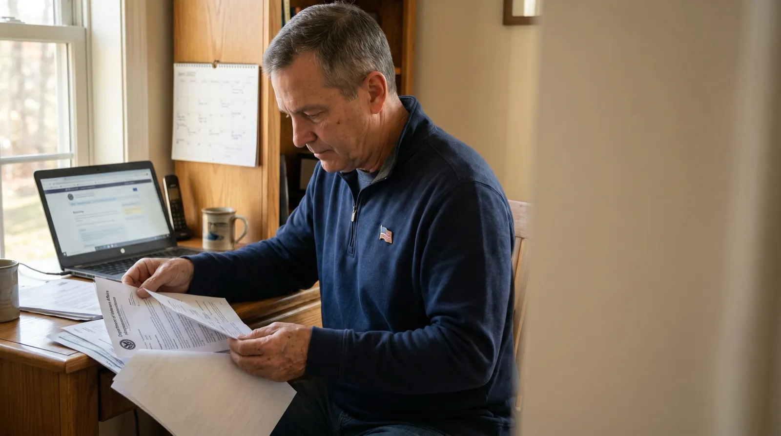 Virginia veteran in a navy pullover reviewing VA disability claim paperwork at a home office desk with a calendar and laptop