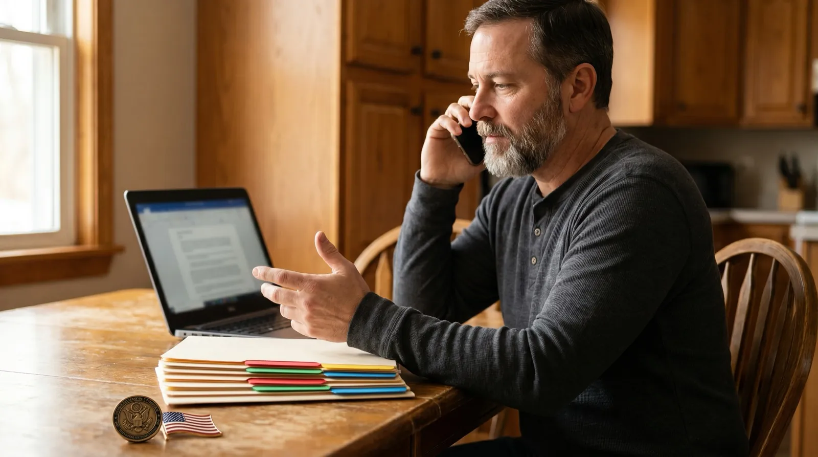 Virginia veteran on the phone at his kitchen table, gesturing toward his laptop and a stack of color-tabbed folders with his VA disability claim paperwork, actively working to move his claim forward