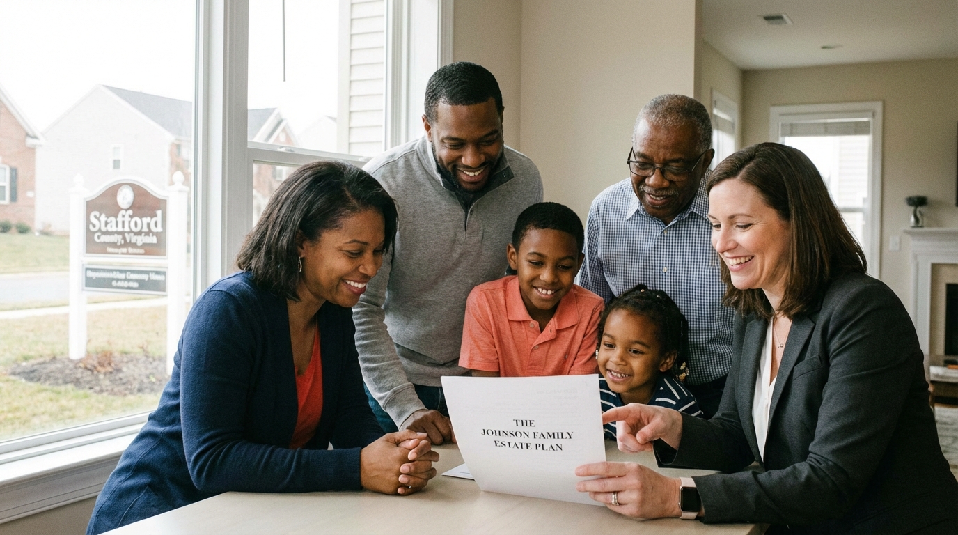 A friendly, diverse family in Stafford, VA looking at a professional document with a smiling estate planning attorney.