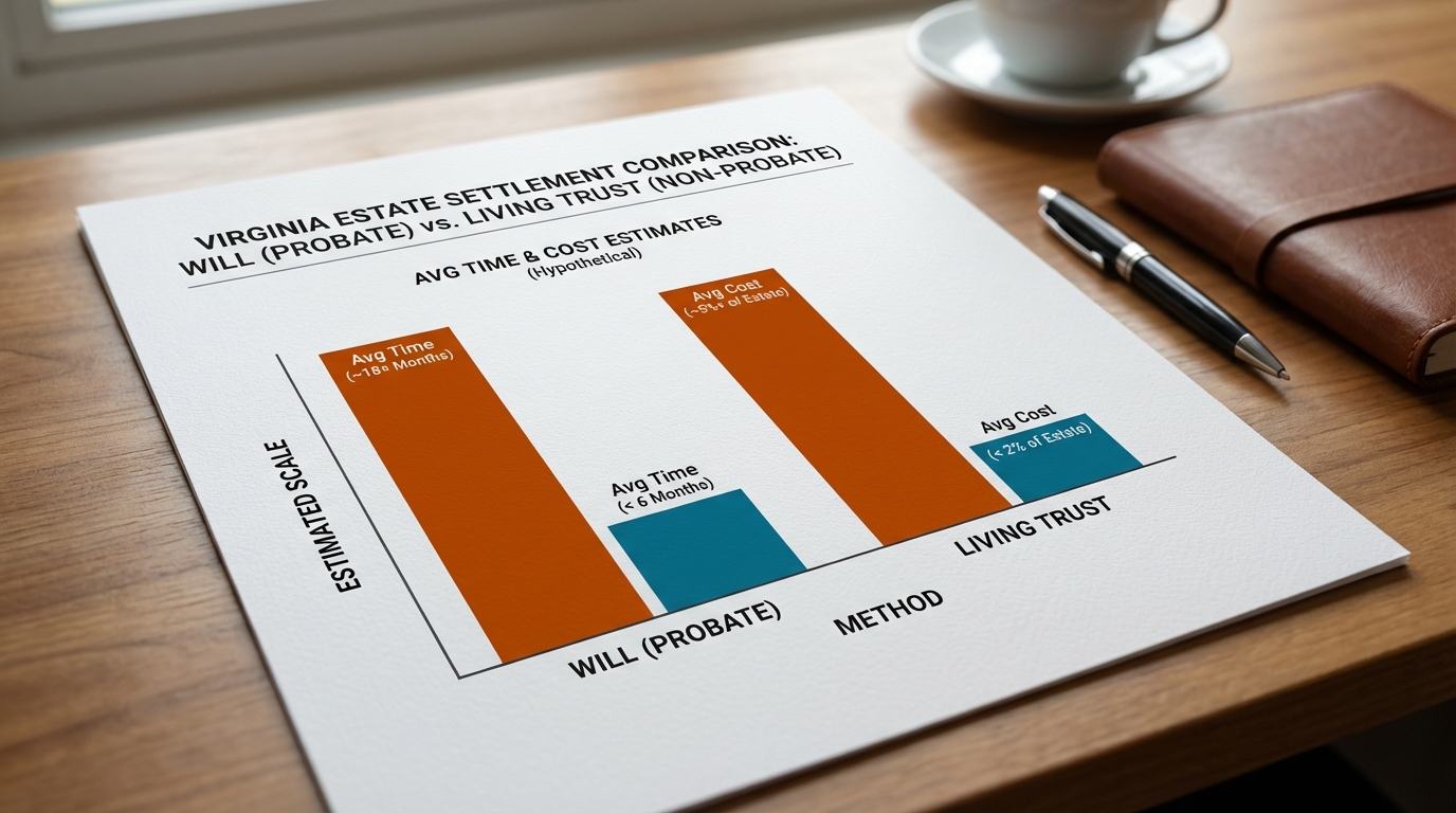 A simple bar chart comparing the average time and cost of settling an estate via a will (probate) versus a living trust in Virginia. The probate bar should be significantly higher for both time and cost.