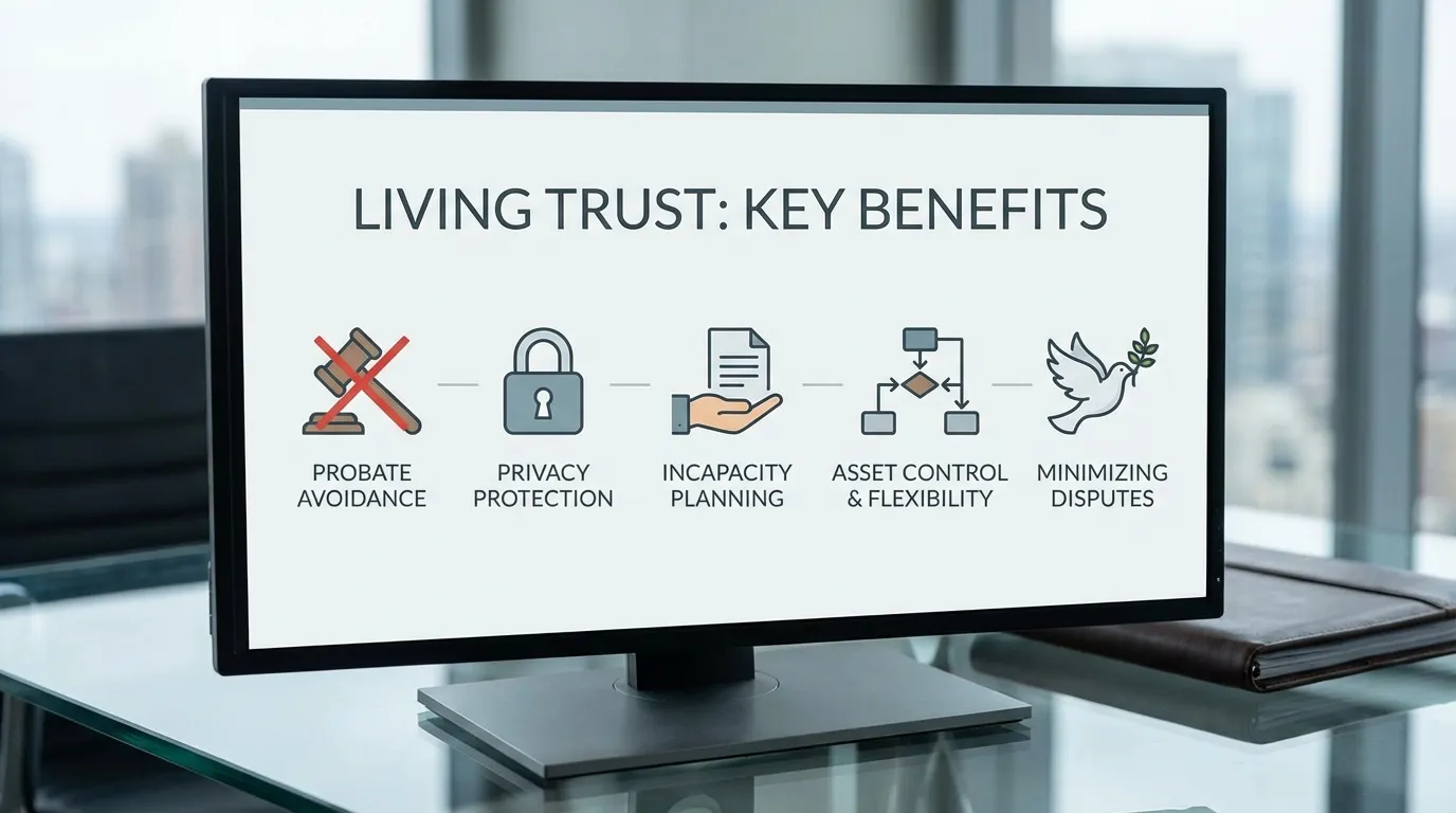 A modern, professional graphic illustrating the 5 key benefits of a living trust: a gavel with a red 