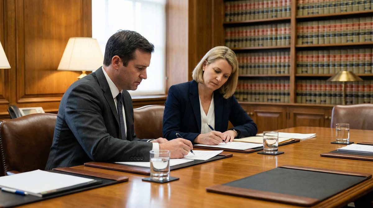 A couple sitting across a table signing an uncontested divorce agreement cooperatively in a Virginia law office
