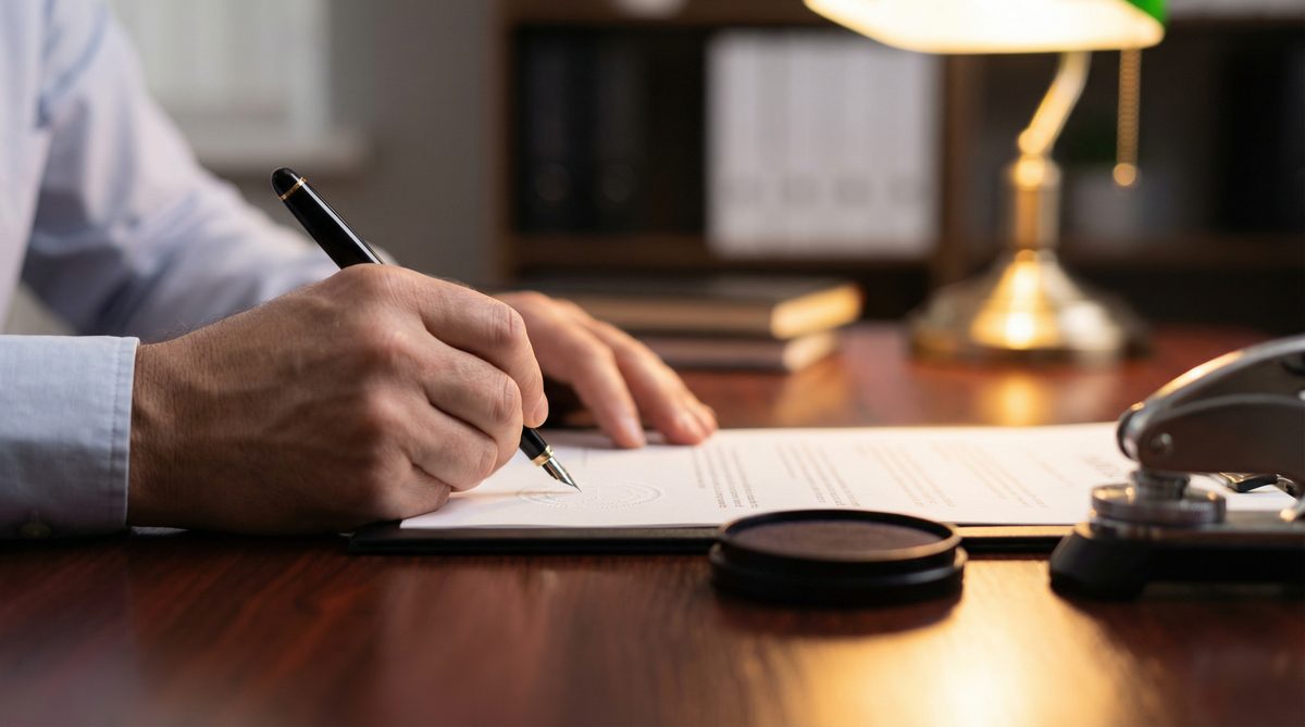 Close-up of hands signing a property settlement agreement on a desk with a notary stamp nearby