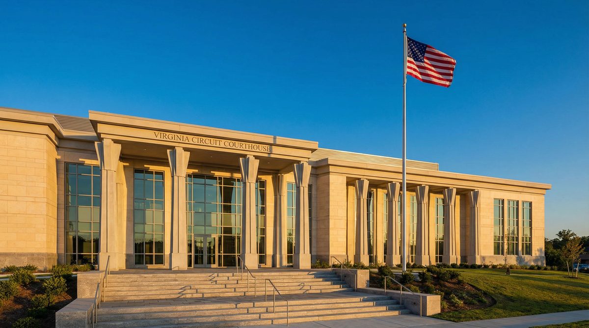 Front entrance of a Virginia circuit courthouse with columns and an American flag