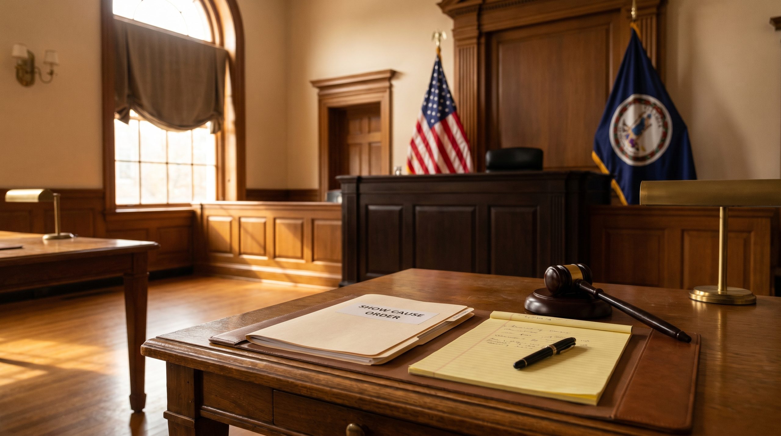 Empty wooden counsel table in a Virginia courtroom with a Show Cause Order folder and gavel