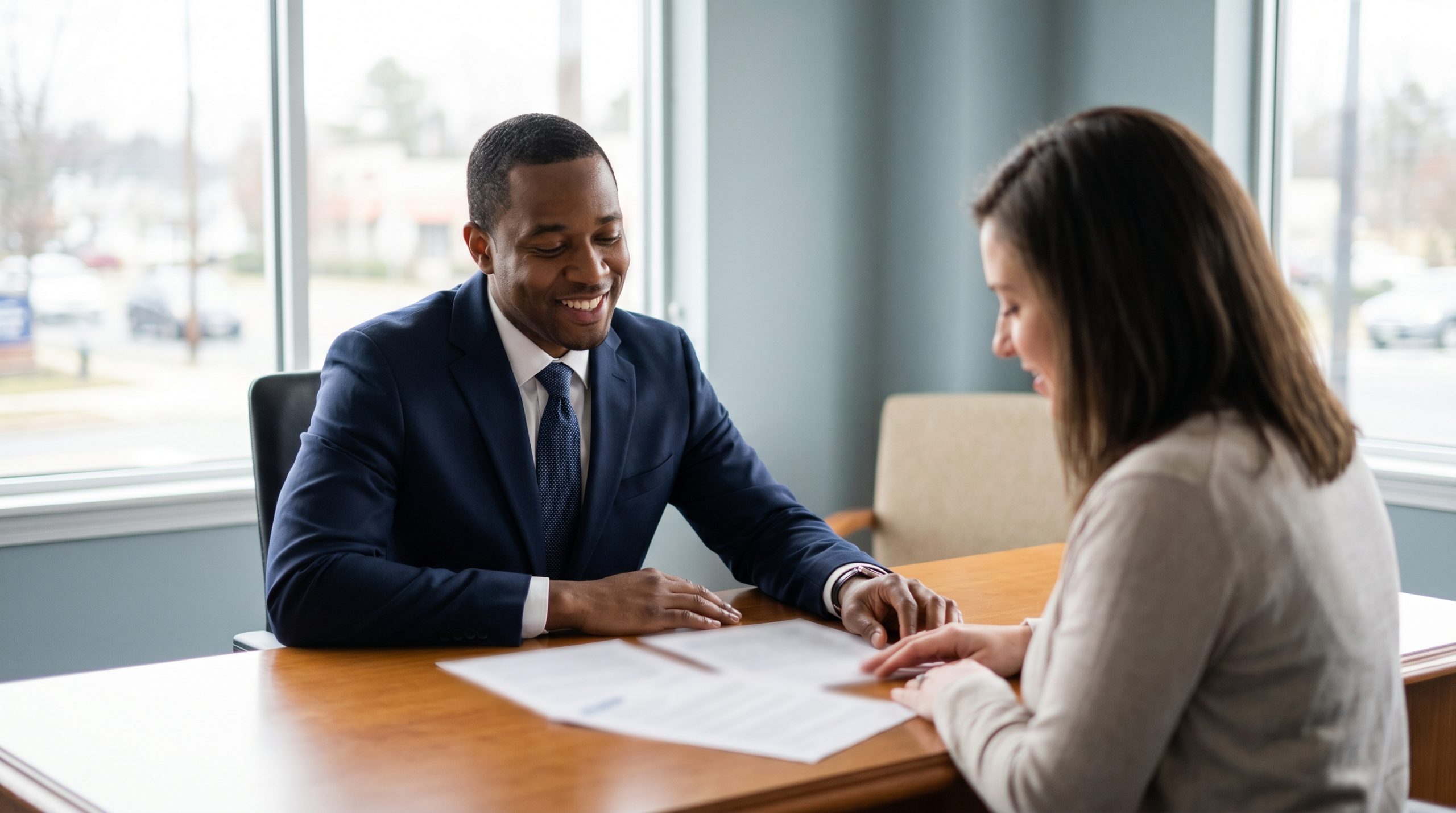 A family law attorney reviewing documents with a client at a desk in a Virginia office