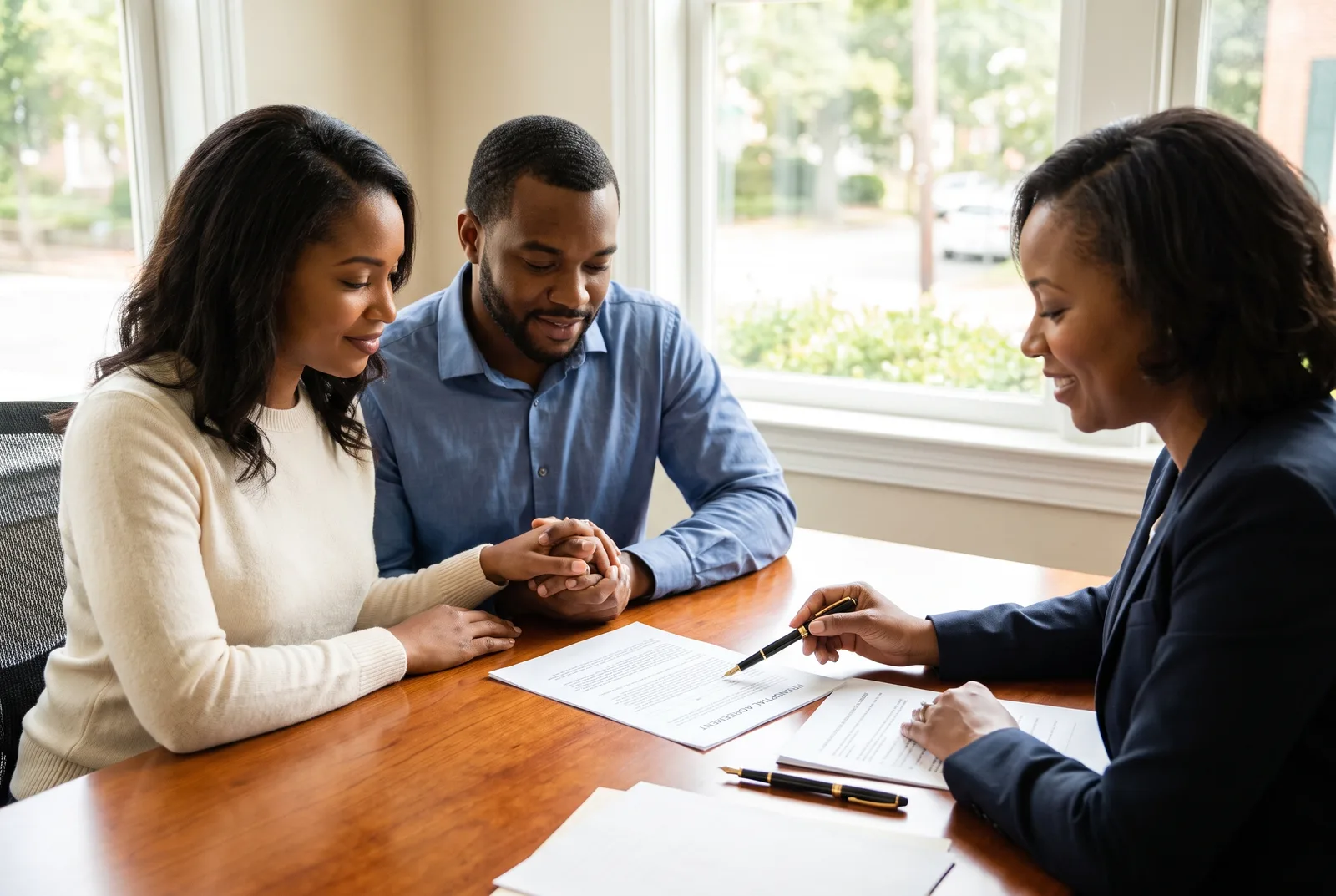 A Virginia couple reviewing a prenuptial agreement with their attorney before marriage