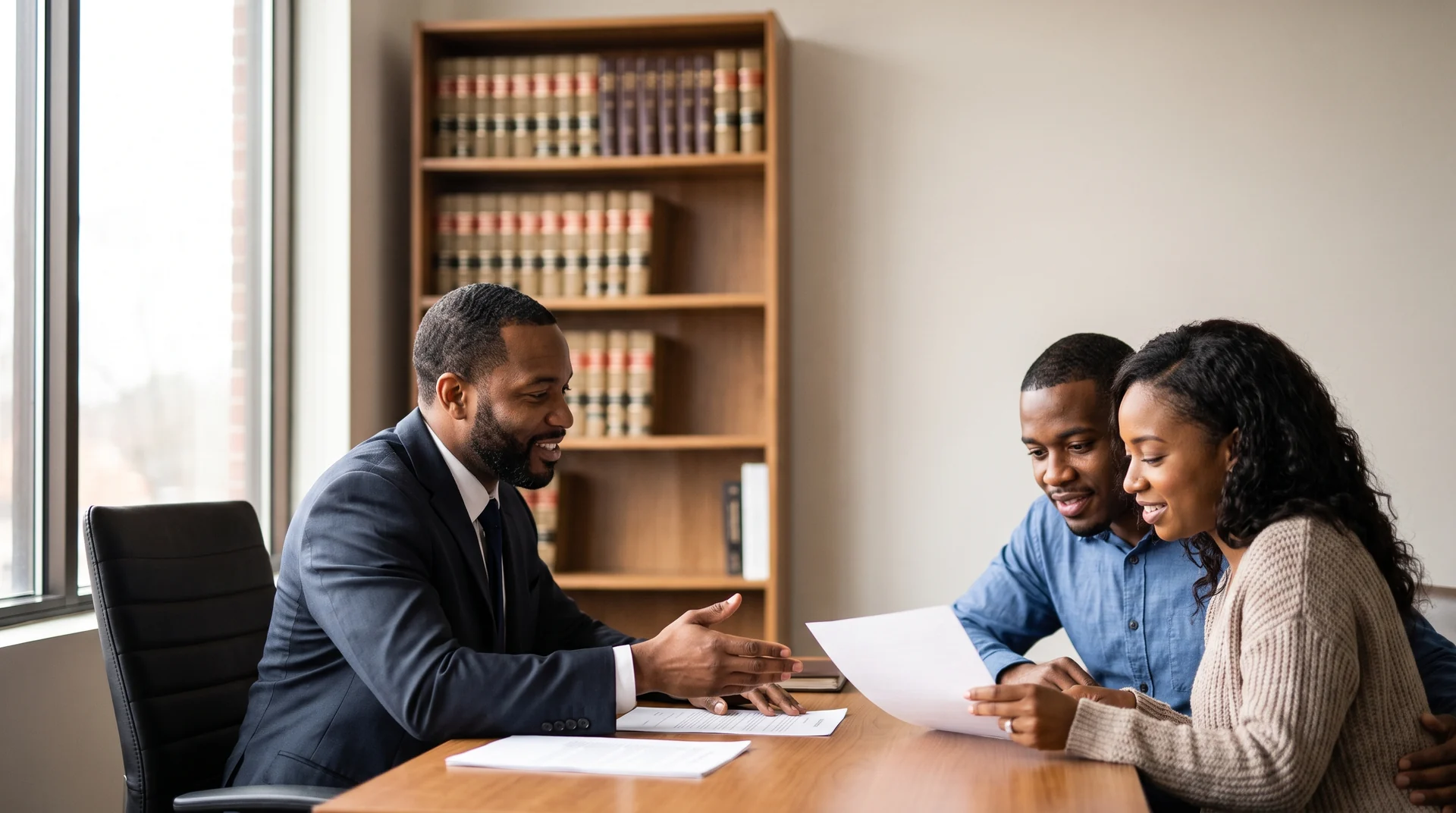 Family law attorney meeting with a couple in a Fredericksburg, Virginia law office