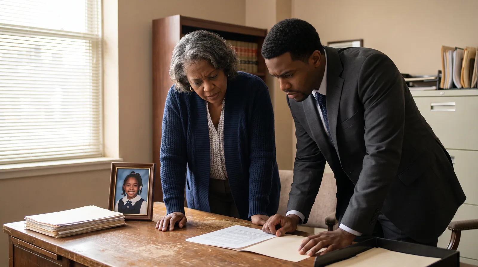 A Virginia grandmother reviewing a custody and visitation petition with her family law attorney