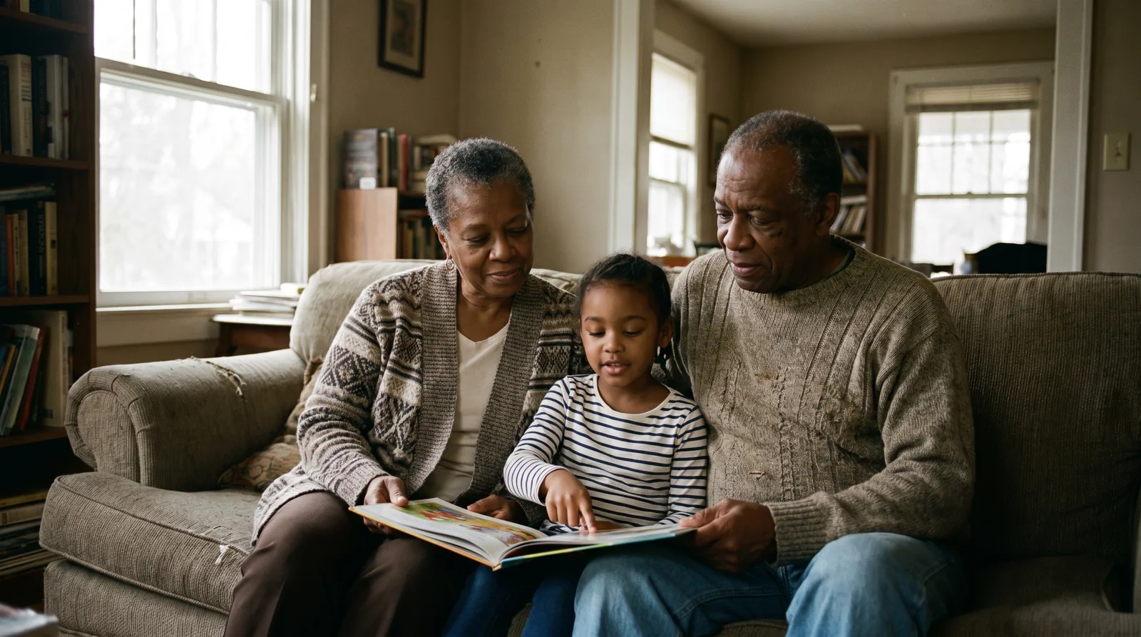 Virginia grandparents reading with their young granddaughter at home
