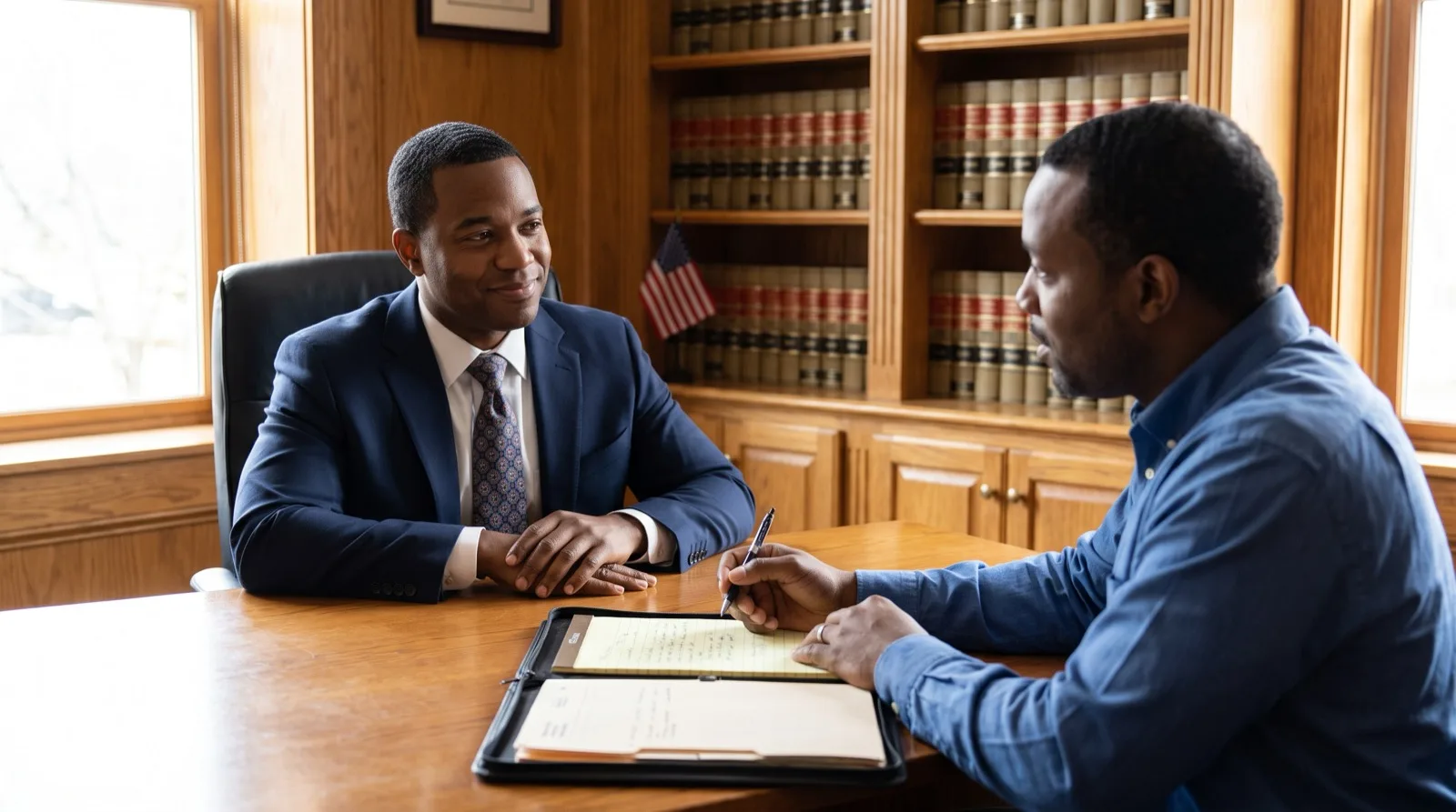 Criminal defense attorney reviewing a self-defense case with a client in a Virginia law office