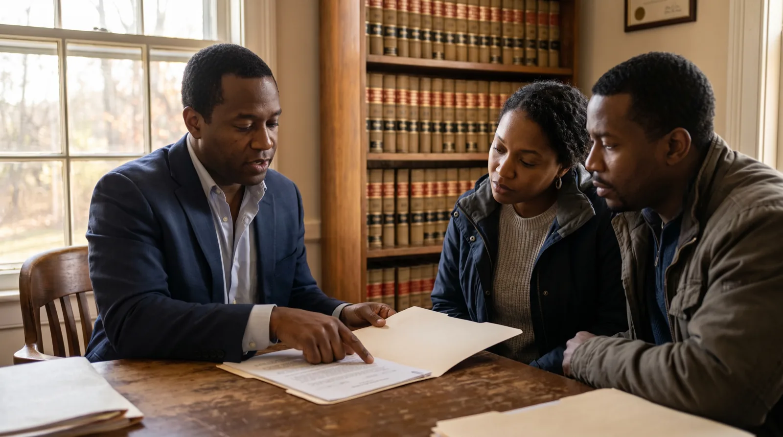Virginia adoption attorney reviewing a file with a prospective adoptive couple across a desk in a law office