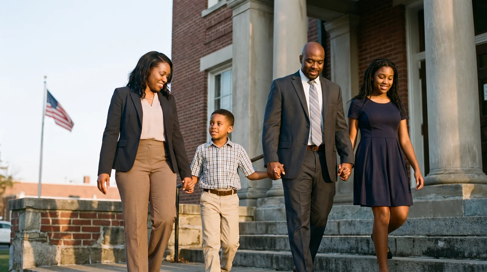 Adoptive family with two children walking down the steps of a Virginia courthouse in late afternoon light