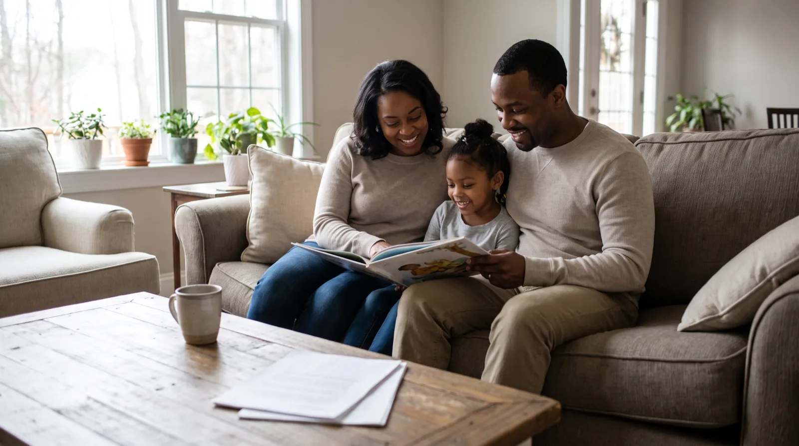 Adoptive mother and father reading a picture book with their young daughter on the sofa of a Virginia home