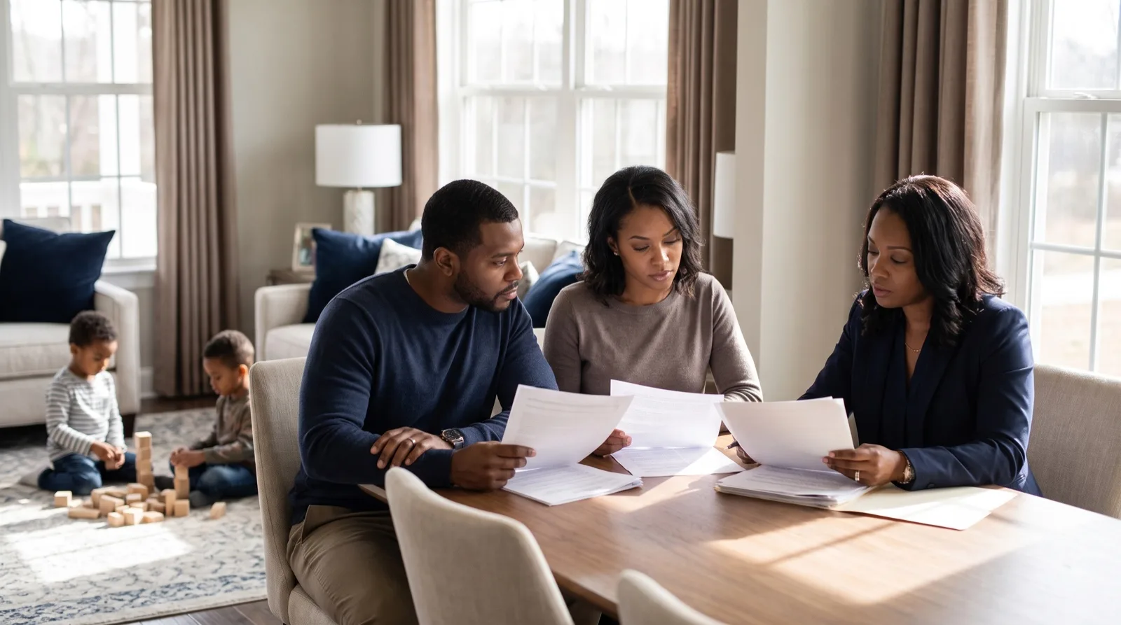 Married parents reviewing estate planning documents with an attorney while their young children play in the background