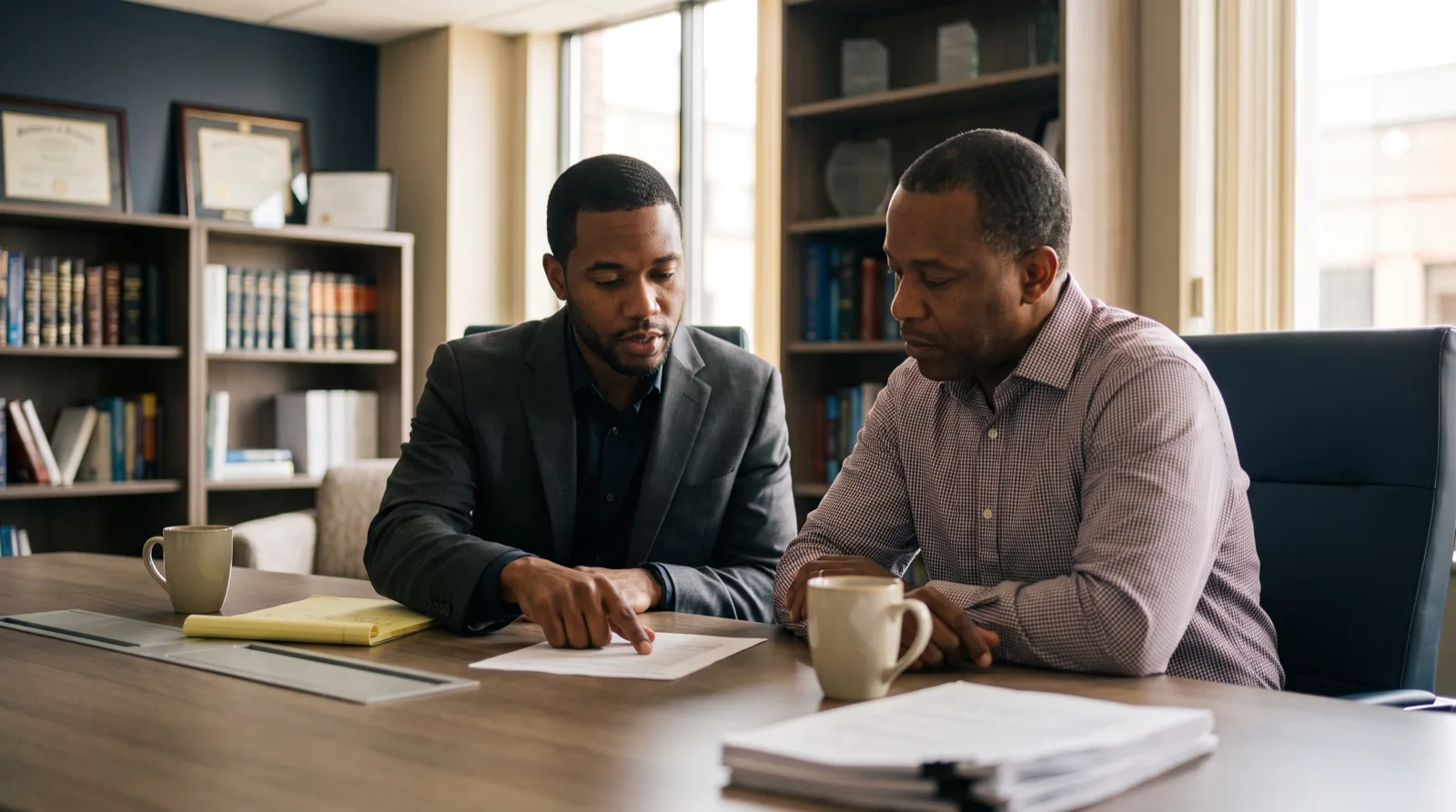 Virginia attorney reviewing a retirement account statement with a client at a conference table