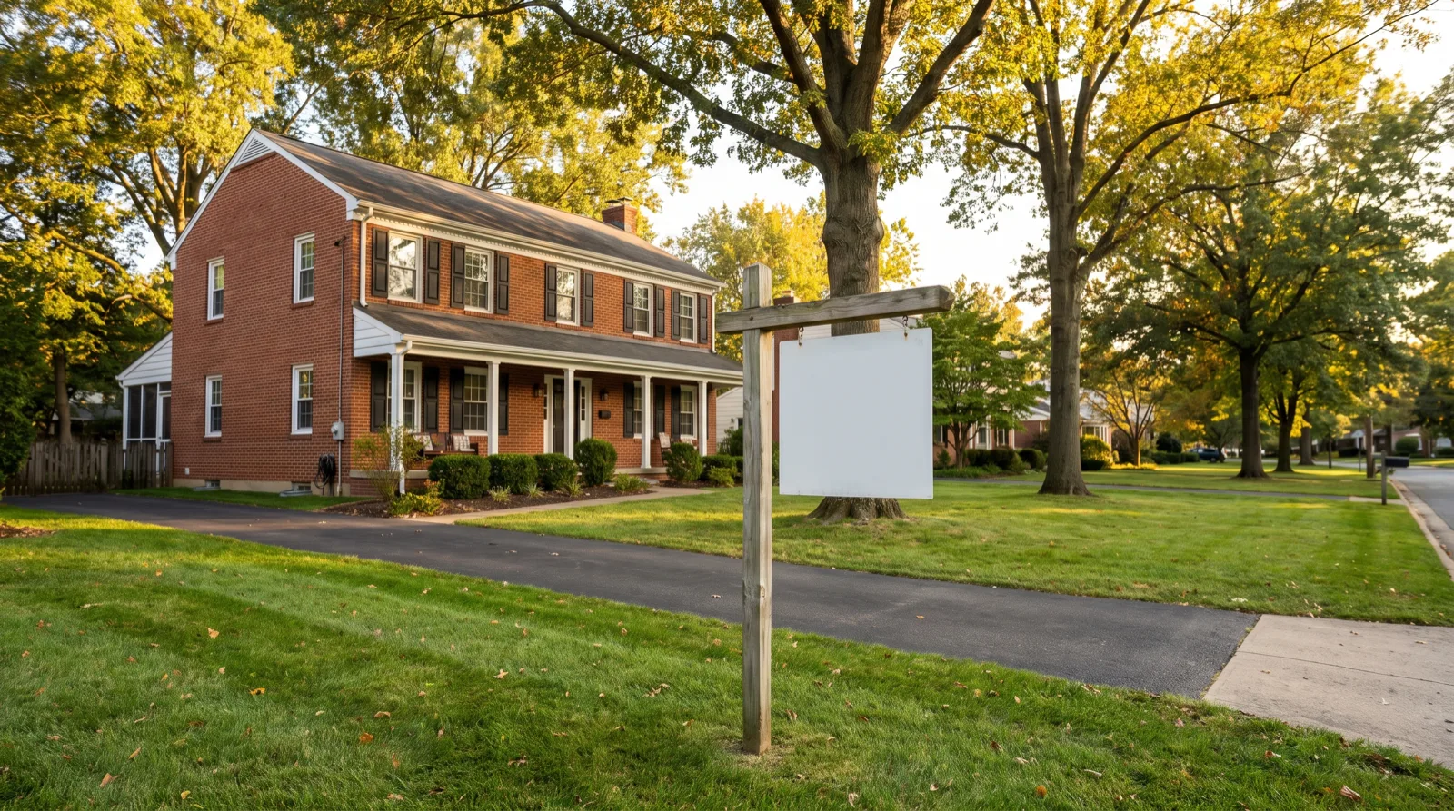 Two-story brick colonial home in a Northern Virginia neighborhood with a blank real estate sign in the front yard