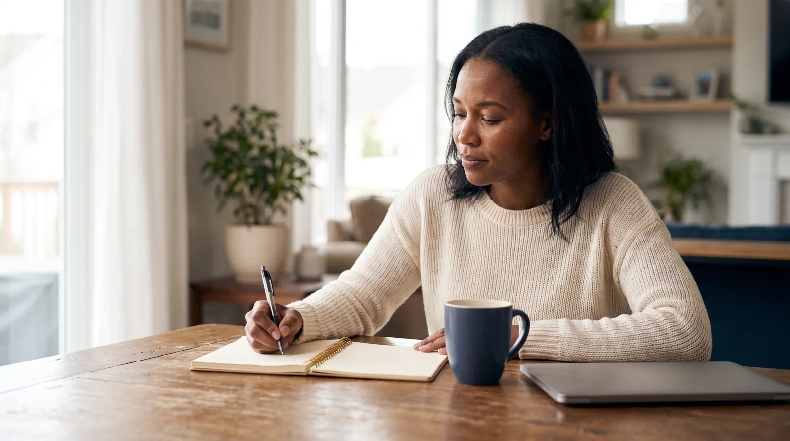 Woman seated at a kitchen table making a written list of household assets and accounts before a Virginia divorce
