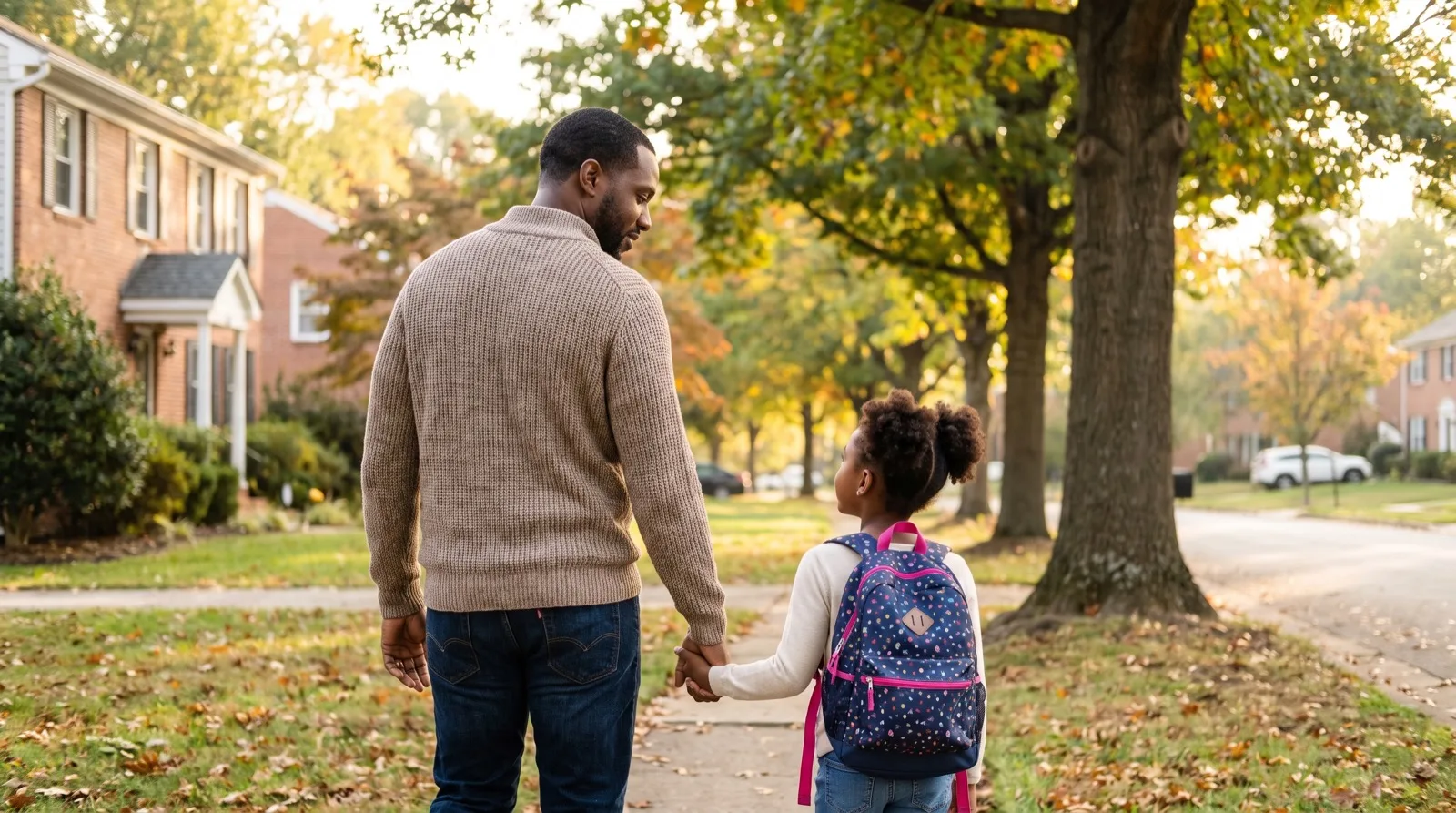 A father walking his daughter to school in a Spotsylvania County, Virginia neighborhood