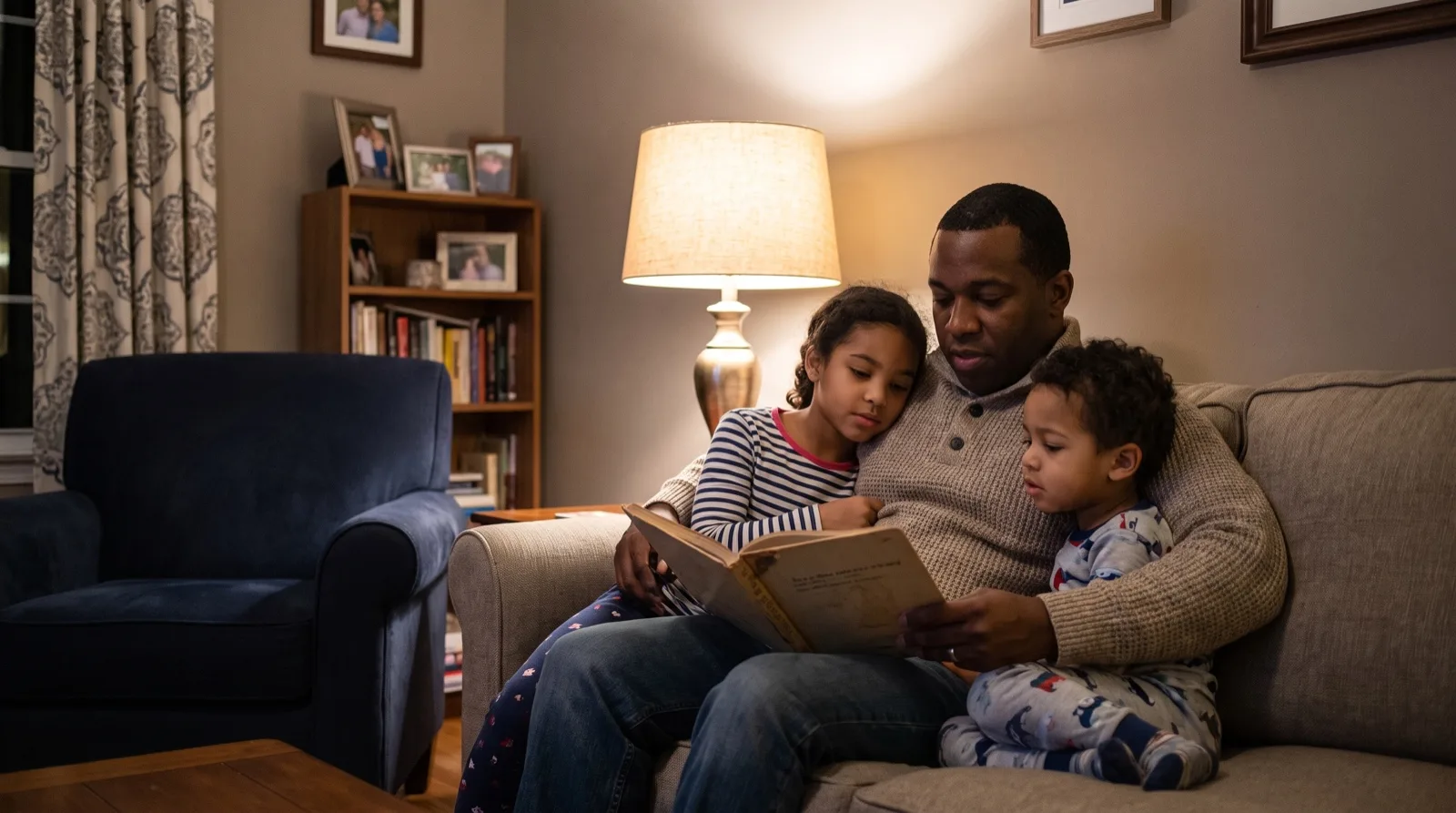 Father reading with his two young children in the living room of a Virginia home in the evening