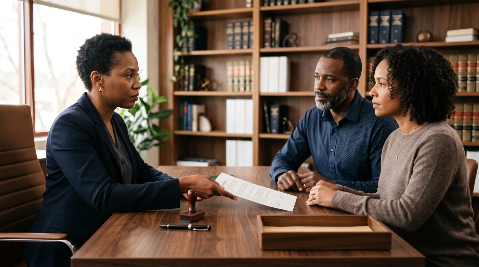 Attorney reviewing and finalizing a signed will with a couple across a desk in a Virginia law office