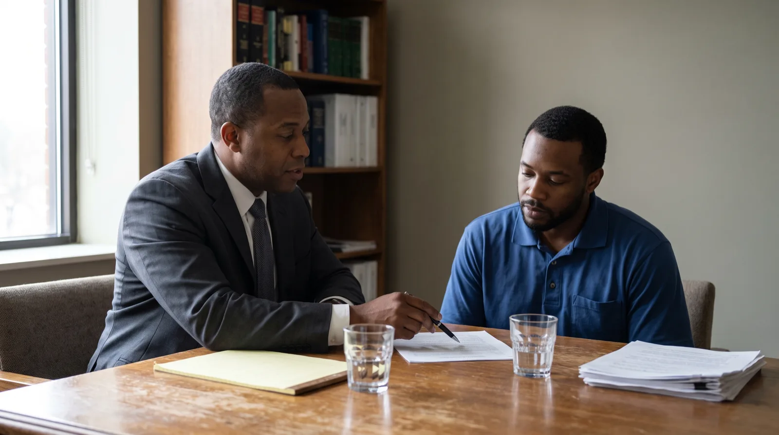 Attorney at a conference table explaining a printed earnings worksheet to a father in a work polo shirt