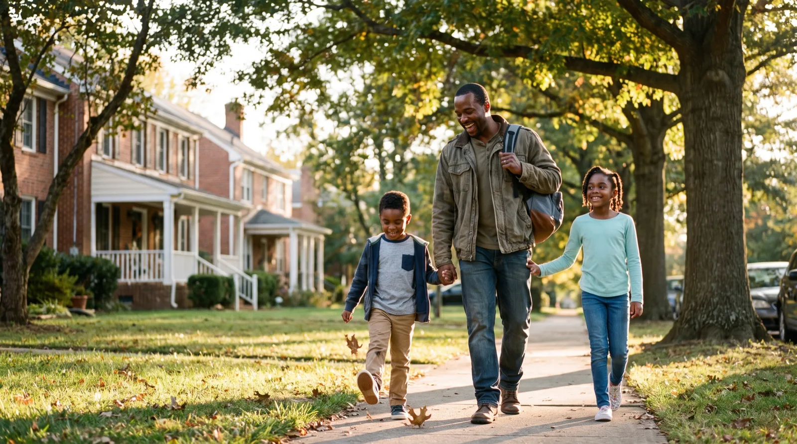 Father walking his young son and daughter home along a tree-lined sidewalk in a Virginia neighborhood on an autumn afternoon