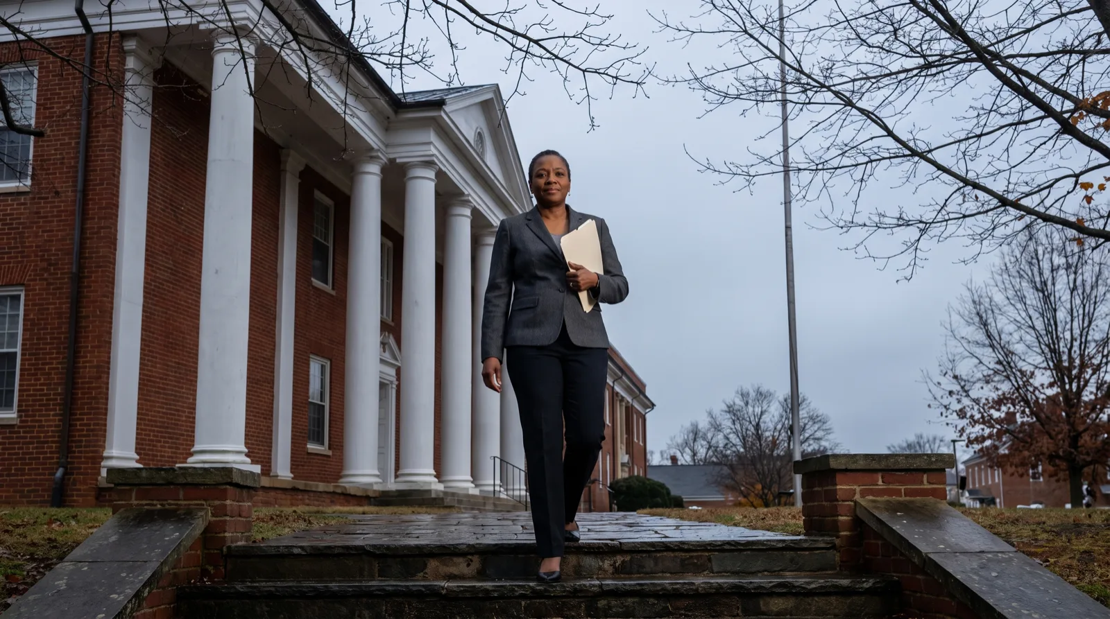 A woman leaving a Virginia courthouse after a spousal support hearing