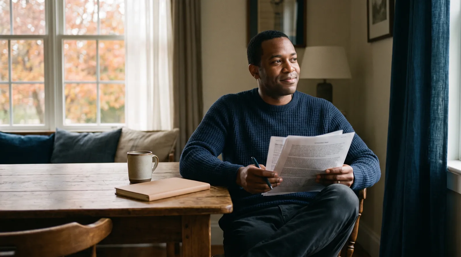 A Fredericksburg-area father reviewing divorce paperwork at his dining table